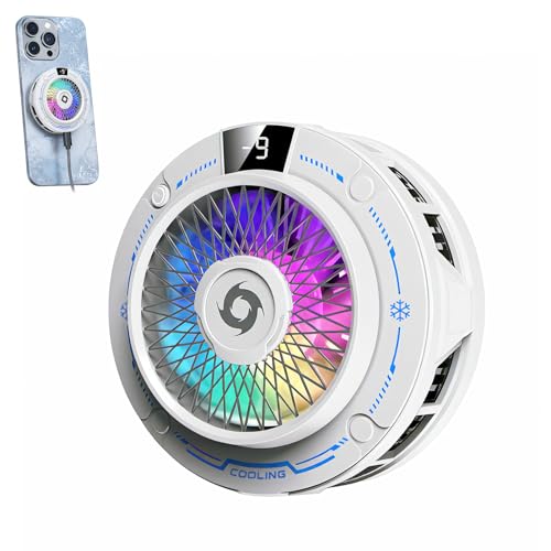 USB Phone Cooler White, Suction Airflow Design Hot Air Not Blowing Hands, Semiconductor Cooling Fan, Magnetic & Clip-On, Large Cooling Plate, 3 Gears, RGB Switchable for iPhone Android - White
