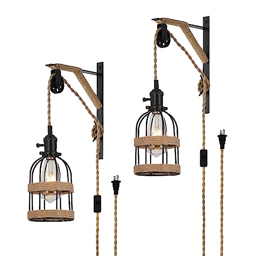 SEEBLEN Farmhouse Plug in Pendant Light Set of 2, Black Industrial Metal Plug in Wall Sconce, Height Adjustable Pulley Lamp for Bedside Living Room Bedroom Hallway.