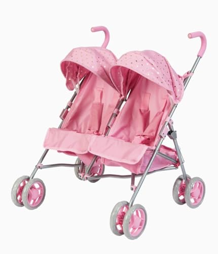 Dolls Twin Stroller Pink Double Doll Pushchair with Canopy Fits 2 Dolls up to 41cm 52L x 52W x 62H cm