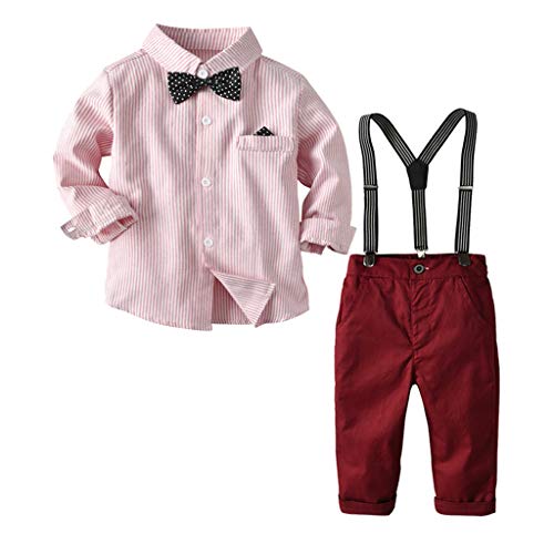 Baby Boys 2Pcs Gentleman Suit 2Pcs Outfits Clothes Set for 1-6T Little Kids Toddler Bow Tie Striped Shirt+Suspenders Pants (Pink, 2-3 Years Old)