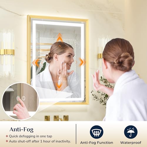 Keonjinn Gold Bathroom Mirror with Led Lights 50x70cm, Antifog Vanity Mirror Gold Frame Back and Front Lit 3 Colour Dimmable Illuminated Wall Mounted Rectangle Digital Mirrors - Image 4