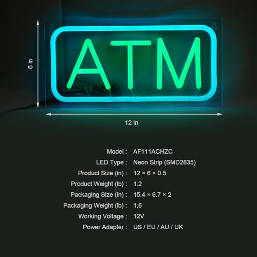 Image of ATM Neon Sign, Mini Size, 12 inchx6 inch, 12V-Powered Business Signboards for Convenience Store, Gas Station, Liquor Shop, Mini Market, High Brightness, Clear Acrylic Backboard, Wall Window Decor