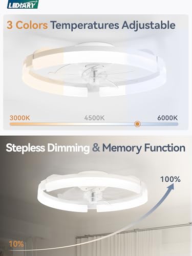 Image of LEDIARY 2 Pack 20 inch Ceiling Fans with Lights and Remote, Low Profile Ceiling Fan, 3 CCT, Stepless Dimmable, Fandelier Flush Mount Fan Light, 6 Speeds, DC Motor, App & Remote Control for Bedroom(White)