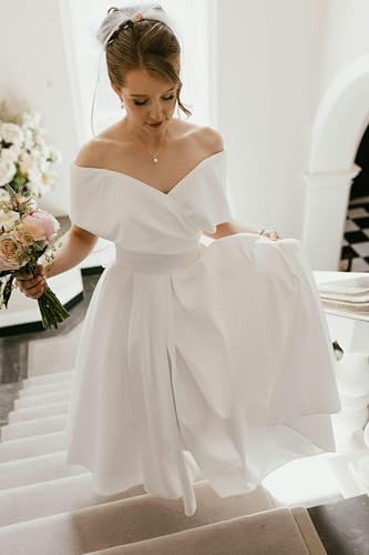 Image of Women's Off Shoulder Wedding Dress for Bride Tea Length A Line Satin Formal Prom Dresses with Pockets