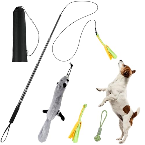 WOVTE Flirt Pole for Dogs Extendable Dog Flirt Pole with Detachable Toys Dog Teaser Wand with Lure Chewing Toy for Outdoor Exercise & Training Toys for Large Medium Small Dogs