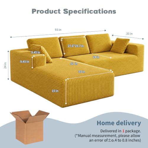Image of 93 inch L-Shaped Modular Sectional Sofa with Chaise, Boneless Corduroy Cloud Couch with Deep Seat and Oversized Comfort, Flexible Module Combination for Living Room, No Assembly Required