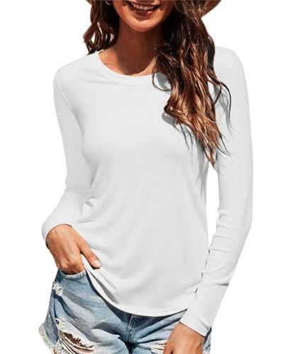 Wayleb Long Sleeve Tops for Women UK Breathable Cotton Round Neck Slim Fit Gym Tees for Running Workout Activewear Shirts White S-XXL