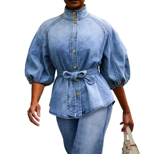 Women's Denim Shirt Puff Sleeve Jean Blouse Button Down Jacket