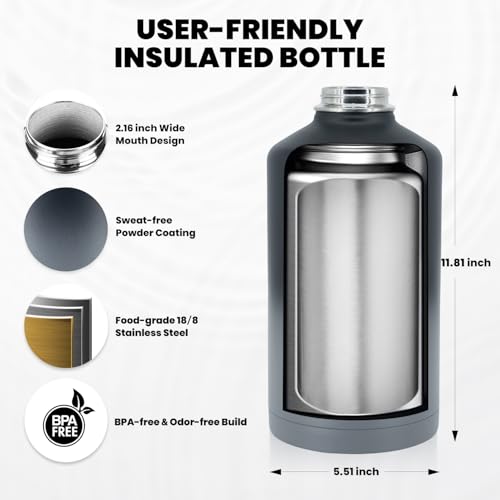 Image of RAYMYLO One Gallon Water Bottle Insulated, Triple Walled Vacuum Stainless Steel (Cold for 48 Hrs), Leak Proof & Non-BPA, Large Water Flask Jug with Paracord Handle & Straw Spout Lids