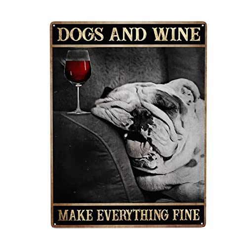 Englische Bulldogge Hunde und Wein machen alles feine Blechschild Wanddekoration lustige Dekoration für Zuhause Küche Bar Zimmer Garage Vintage Poster...