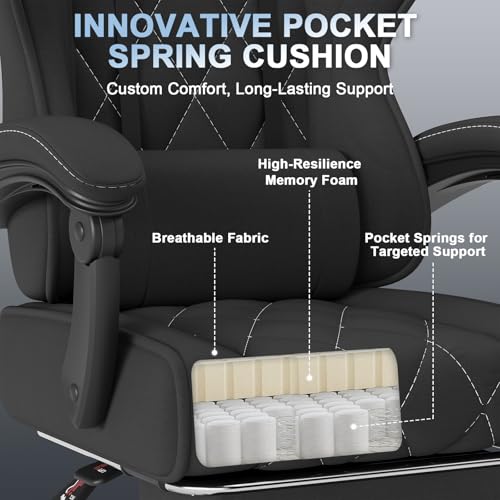 Devoko Fabric Gaming Chair for Adults with Footrest – Ergonomic Reclining Computer Desk Chair with Pocket Spring Cushion, Headrest & Massage Lumbar Support, Black, for Home Office - Image 5