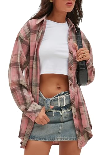 Image of CHYRII Womens Button Down Flannel Shirts Long Sleeve Plaid Shackets Business Casual Blouse Top