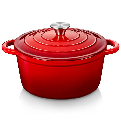 Velaze Casseruola in Ghisa, Pentola a Induzione per Stufati, Cocotte Casseruola con Coperchio in Rivestimento Smaltato, Forno Olandese, Rosso, Rotondo - 24 cm, 4 L