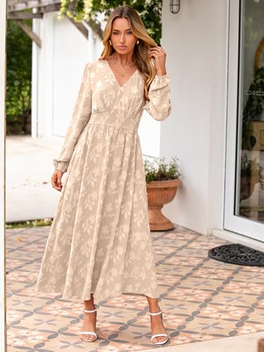 Image of Simplee Womens Boho Floral Long Sleeve Maxi Dress V Neck Empire Waist Fall Wedding Guest Dresses with Pockets