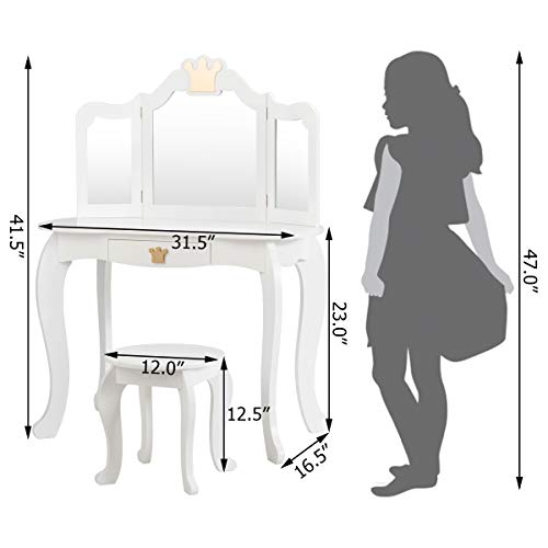 Costzon Kids Vanity Table And Chair Set, Princess Makeup Dressing Table With Drawer & Tri-Folding Mirror, 2 In 1 Vanity Set With Detachable Top, Pretend Beauty Play Vanity Set For Girls (White) #TOP6