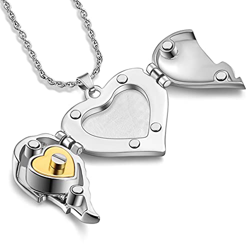 Heart Crystal Urn Necklace For Ashes A Piece Of My Heart Lives In Heaven Cremation Jewelry Angel Wings Memorial Keepsake Pendant (White Gold Plated) #TOP3