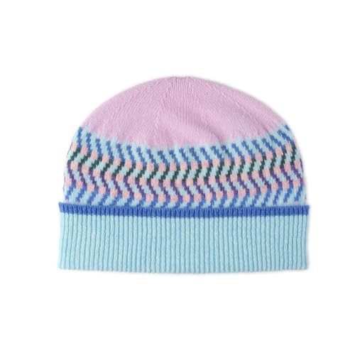 The Cashmere Choice Patterned Beanie for Women Fashion Hat Lilac Blue Ribbed Thermal Warm for Winter Pure Lambswool | Corra Blue