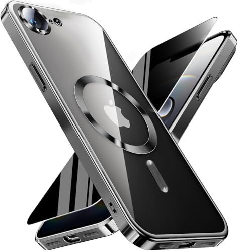 Image of Magnetic for iPhone 17e /16e Case with Privacy Screen Protector & Full Camera Cover,[Non-Yellowing] Plating Glossy Soft Shockproof Clear Phone Case with MagSafe Women Girls for iphone 16 e / 17 e,Black