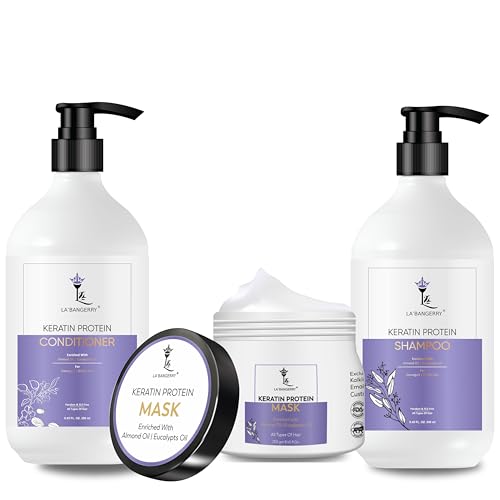 Image of LA'BANGERRY Keratin Protein Hair Care Combo | Shampoo 250ml + Conditioner 250ml + Hair Mask 250g | With Argan, Almond & Coconut Oil | For Dry & Damaged Hair (Pack of 3)