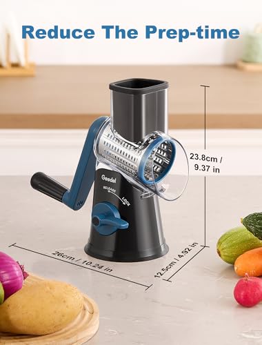 Image of Geedel Rotary Cheese Grater Hand Crank, Cheese Shredder Vegetable Slicer | 5 Blades, 430 Stainless Steel, 12x Fast Cutting, Strong Suction Base, No BPA, Dishwasher Safe, for Cheese, Veggie, Nut