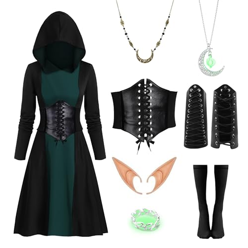 IEEILULU Vestido Medieval Mujer con Capucha, Vestido Gótico Retro Mujer, Disfraz Renacentista con Corsé, Orejas de Elfo para Carnaval Halloween Cosplay (Verde, L)