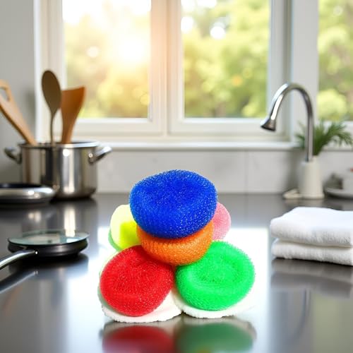 Image of 6Pcs Random Color Plastic Cleaning Ball Dish Cleaner Brush,Non Scratch Round Dish Scrubbers,Nylon Scouring Pads,Mesh Scourers Poly Mesh Scouring Dish Pads Cleaning Supplies for Dishes,Dishwashing