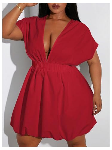 Image of WDIRARA Women's Plus Size Deep V Neck Bubble Dress Short Sleeve A Line Mini Dresses