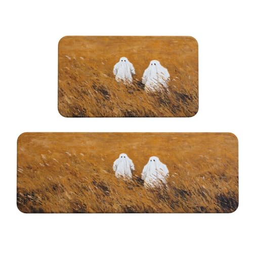 Woshuwo Set di 2 tappeti da cucina con due fantasmi bianchi in canne antiscivolo, tappeto per lavanderia, cucina, arredamento