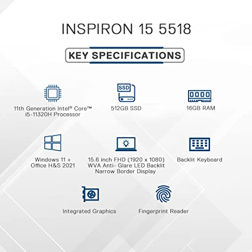 Image of Dell Inspiron 5518 Windows 10 Laptop, Intel i5-11320H, 16GB, 512GB SSD, Win 11 + MS Office 21, 15.6 inch (39.62Cms) FHD Display, Platinum Silver, FPR + Backlit KB - D560695WIN9S, 1.64Kg