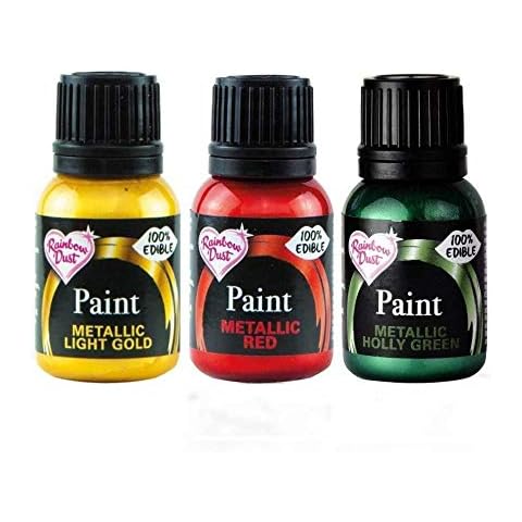Rainbow Dust Metallic Paint Collection, 3 Pack Food Colouring, Edible Paint in Light Gold, Holly Green, Red, Ready to Use, Easy to Apply to Cakes and Cupcakes, Shimmer - 25ml Cover