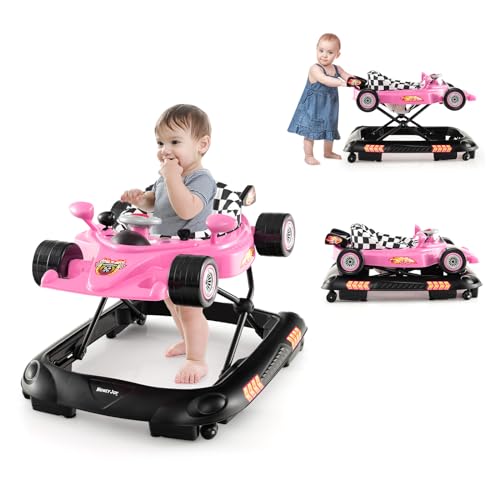 HONEY JOY Baby Walker, 4-in-1 Foldable Infant Activity Push Walker, Toddler Car Walker w/Adjustable Heights, Music, Lights, Removable Tray, Baby Walker with Wheels for Boys Girls 7-14 Months (Pink)
