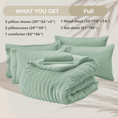 Image of HYMOKEGE Sage Green Full Size Comforter Sets Seersucker 7 Pieces, All Season Luxury Bed in a Bag for Bedroom, Bedding Set with Comforters, Sheets, Pillowcases & Shams