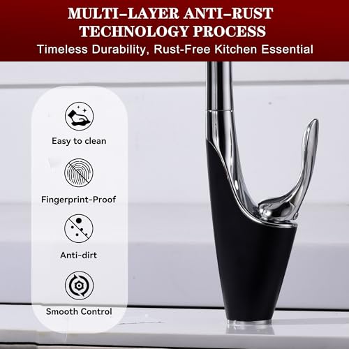 Image of sumerain Single-Hole Kitchen Faucet with Pull Down Sprayer,Single Handle Stainless Steel Kitchen Sink Faucet,Chrome & Black
