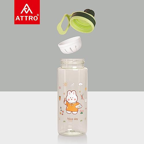 Image of Attro Champ 550ml Cute and Convenient Cartoon Printed Kids Plastic Water Bottle with Designer Hand Strap & Flip Lid BPA-Free-Perfect for School,Sports and Travel -Green