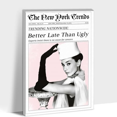 CXVU Better Late Than Ugly Audrey Hepburn Wall Art Canvas Wraped Framed, Funky Newspaper New York Trends Trendy Wall Art for Girly Room Decor Ready to Hang 8''x12''