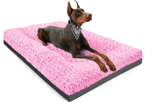 POCBLUE Dog Beds Large Sized Dog, Washable Plush Pet Bed for Crate, Anti-Slip Pet Mat for Cages, Comfy Crate Pad for Outdoor/Indoor/Car Use, Soft Kennel Pad for Dogs Up to 60 lbs, 35'x23', Pink
