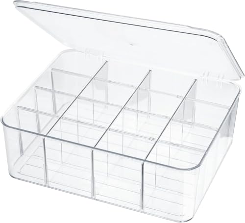 16 Large Grids Drawer Organzier Box with Dividers, Removable Divided Plastic Container Storage with Lid, Storage Organizer for for Beads Crafts Jewelry Fishing Tackles,Clear Dresser Drawer Organizers