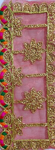 Small MATA Rani Chunri/Chuni/Dupatta for Kanjak Maa Durga Laxmi Sherawali Saraswati Devi Pooja, Golden Net Chunni Navratra/Navratre/Navratri/Diwali/Dussehra Special Red and Golden Size 4x10 Inch3