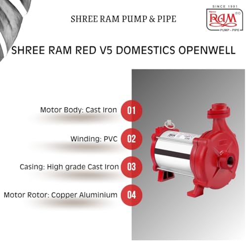 Image of V5 RED 0.50 HP Open Well Submersible Pump | With Penal Bord | High Flow Water Pump for Domestic & Agricultural Use | Copper Winding Motor | Energy Efficient | Heavy Duty Body (Single Phase)