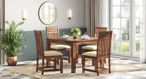 Image of Dining Table Set, Wood 4 Seater Dining Table with Chair, Dining Room Furniture, Wooden 4 Seater Dining Table, Modern and Unqiue Dining Table For Living Room (4 Seater Dining Table) Natural Finish