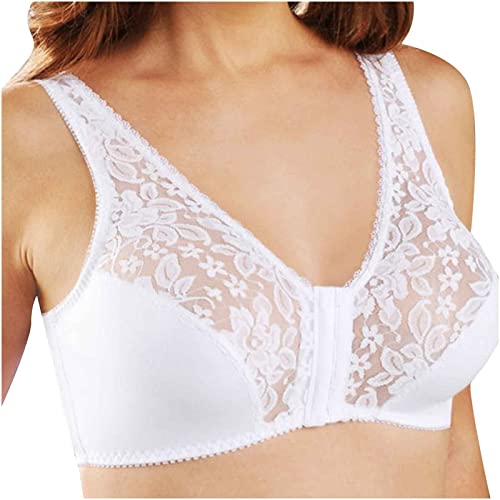 Women's Full Figure Front Closure Wirefree Jacquard Back Support Posture Bra Front Fastening Bras for Women UK Non Wired Post Surgery Soft Lace Lycra Bra Sale Clearance Plus Size S-5XL White