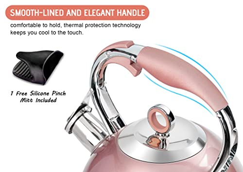 Tea Kettle - Hihuos 3.17Qt Whistling Tea Pots For Stove Top - Sleek 18/8 Stainless Steel Stovetop Kettle, Easy-Grip Handle With Trigger Opening Mechanism, 1 Free Silicone Pinch Mitt Included (Pink) #TOP2
