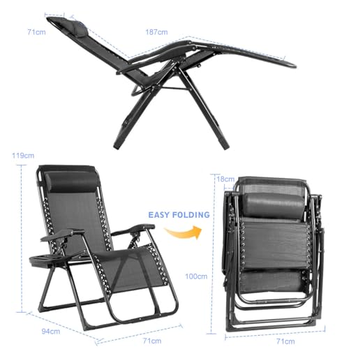 COSTWAY Folding Zero Gravity Chair, Oversized Patio Recliner Sun Lounger with Removable Pillow and Side Tray, Portable Outdoor Chaise Lounge for Garden Deck Poolside Beach (1, Black)
