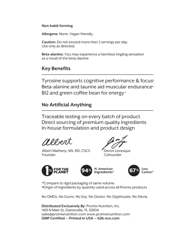 Promix Pre Workout Powder Stick Packs - Maximize Focus & Performance - Helps Muscle Gain, Endurance & Enhanced Energy - Vitamin B12, Caffeine, Beta-Alanine & L-Tyrsosine - Lemon, 14Ct #TOP4