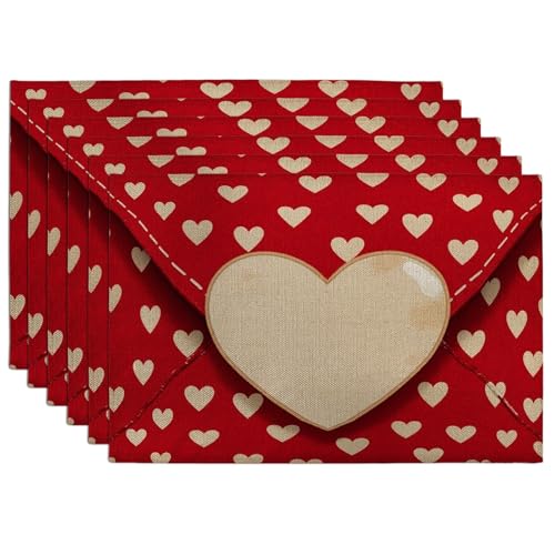 Lot de 6 sets de table pour la Saint-Valentin Motif cœur Rouge romantique pour table à manger, fête d'amour, antidérapant, lavable pour intérieur ou...