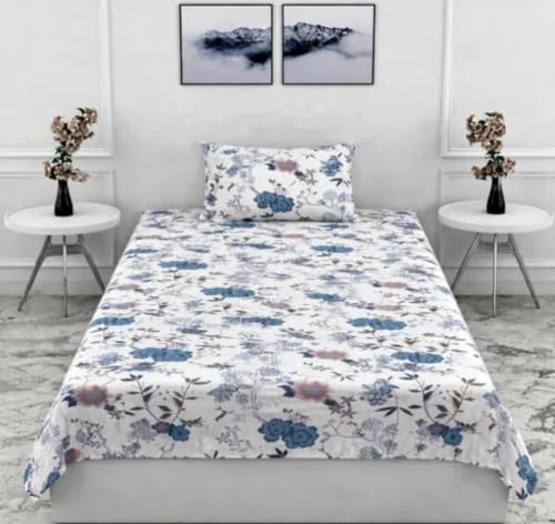Image of Single Flat Bedsheet 60 x 90 Inch with 1 Pillow Cover, Cotton Blend Soft Breathable Bed Sheet Set for Single Bed, Lightweight Comfortable Bedding for Home Guest Room Daily Use