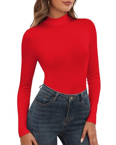 WOWENY Damen Stehkragen Langarmshirt Gerippt Rollkragenshirt Rolli Langarm Rollkragen Oberteil Unterziehrolli Elegant Basic Turtleneck Top[Rot,