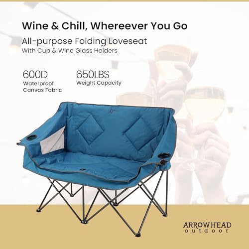 ARROWHEAD OUTDOOR Portable Folding Double Duo Camping Chair Loveseat w/ 2 Cup & Wine Glass Holder, Heavy-Duty Carrying Bag, Padded Seats & Armrests, Supports up to 500lbs, USA-Based Support by ARROWHEAD OUTDOOR - Image 2