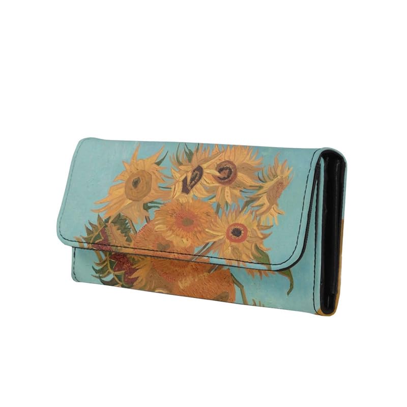 Sunflower Women's Clutch Wallet, Oil Painting Flowers PU Leather Large Capacity Trifold Wallet, Impressionism Art Long Slim Checkbook Wallet with ID Window