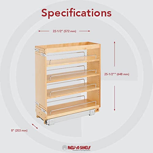 Rev-A-Shelf 448-BC-8C 8-Inch Base Cabinet Pullout Storage Organizer with Adjustable Wood Shelves and Chrome Rails